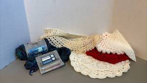 lot 1350 image: Lot of Crocheted Lace Doilies and Yarn Skeins