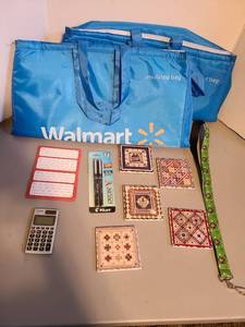 lot 1365 image: 2 Walmart insulated shopping bags, quilt pattern stone coasters, ink pens, calculator.