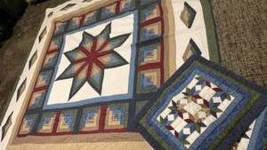 lot 1418 image: Patchwork Quilt with Star Motif and Coordinating Pillow Sham 98X94