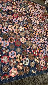 lot 1426 image: Hexagon Patchwork Quilt with Calico and Striped Fabric Blocks 80X70