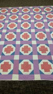 lot 1427 image: Quilted Bedcover Red Cross Patchwork Purple Blue White Cream 78X66
