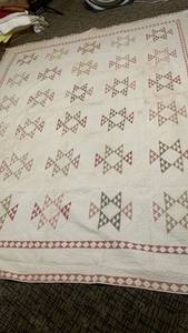Antique or Vintage Quilted Bedcover with Red and Brown Diamond Star Pattern 88X78