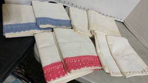lot 1436 image: Lot of 6 Pillowcases with Lace Trim Blue Pink White Cream