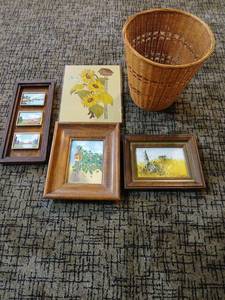 lot 2010 image: Framed Painted Art Panels and Woven Basket 12in tall and  largest picture 14x6