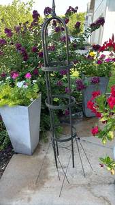 lot 3006 image: Garden Arbor Arch with Decorative Ring Bands 5 foot tall with 4 wire plant stakes