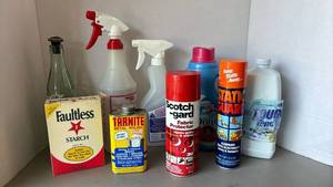 lot 3015 image: Household Cleaning Supplies Lot - Starch, Metal Polish, Fabric Protector, Static Guard, Bottles
