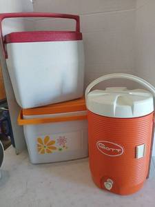 lot 3029 image: Coolers Lot Insulated Coolers  14 inches tall with Handle and Gott Orange Beverage Cooler