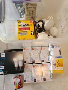 lot 3100 image: Assorted light bulbs in tote with snap-lock lid.