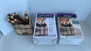 lot 3224 image: Twig Crayons Lot with Desk Holder - Natural Wood Crayons and Boxes