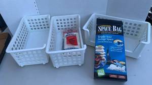 lot 3226 image: Space Bag Vacuum, Cloth, Plastic Basket organizers