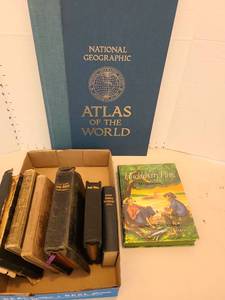 lot 3239 image: Books, including The Adventures of Huckleberry Finn, National Geographic Atlas of the World, bibles.