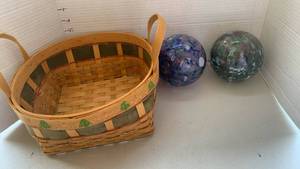 lot 3322 image: Woven Basket with Christmas Tree Motif and Two Decorative Glass Balls