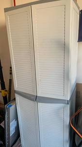 lot 3410 image: White Louvered Storage Cabinet 2 Door Shelving Unit 70X21X17