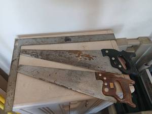 lot 3507 image: Lot of 2 Hand Saws with Black and Brown Handles and a square