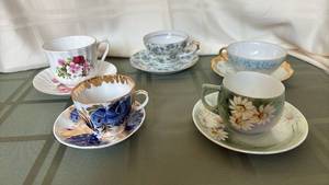 lot 1114 image: Lot of 5 Teacups and Saucers with Floral Designs, Hand-Painted China