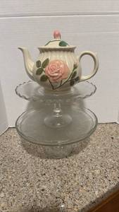 lot 1124 image: Teapot with Pink Rose Decoration and Glass Cake  Stands