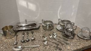 lot 1132 image: Silver-plate Tea Service Set with Serving Pieces and Spoons