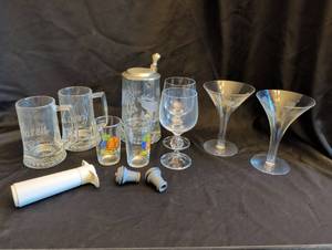 lot 1138 image: Mixed etched Glassware Mugs Goblets Martini Glasses Stein with Lid and wine accessories