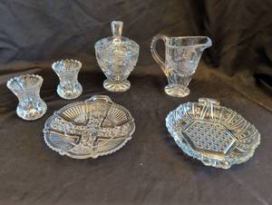 lot 1142 image: Anchor Hocking, Indiana Glass Company, Crystal Clear Industries Chardoney Crystal Etched Compote Candy Jar and more