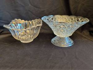 lot 1144 image: Cut Glass or crystal Bowls Lot of 2 Pedestal and Shell Design no makers marks