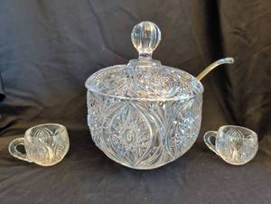 lot 1145 image: Nachtmann lead crystal punch bowl with Lid, Spoon and Two matching Mugs