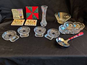 lot 1148 image: Mixed Lot Glass ashtrays, Vase, Fabric Coasters and more