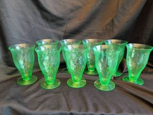 lot 1164 image: Set of 9 Uranium Glass Glass Footed Tumblers with Floral Etch