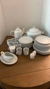 lot 1165 image: White Dinnerware Set with Grey Band Trim Plates Cups Teapot Serving Pieces 40 plus pieces