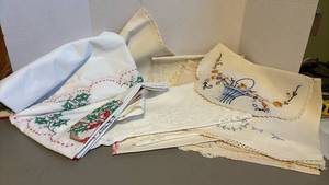lot 1367 image: Christmas tablecloth and miscellaneous doilies and embroidery