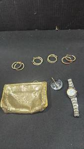 lot 1608 image: vintage gold-tone metal mesh evening pouch, Watch, earrings, and pendant