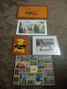 lot 2043 image: Framed Wall and Wood Decor.  Largest is 19 x 31