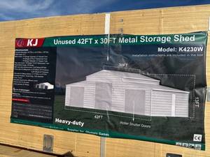 lot 9215 image: Unused KJ Metal 42x30ft Storage Shed (K4230W)