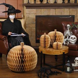 lot 19542 image: Spiareal 4 Pcs Extra Large Halloween Pumpkin Honeycomb Centerpiece 3D Thick Paper Fall Pumpkin Brown Reusable Paper Honeycomb Decor for Holiday Thanksgiving Home Door Fireplace Desktop Floor