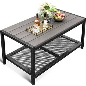 lot 19544 image: ODK Outdoor Coffee Table with Double-Layer Storage, Rectangle Weather-Resistant Patio Coffee Table for Garden, Balcony, Hot Tub, Poolside, Heavy-Duty Metal Frame, Grey - Retail $119