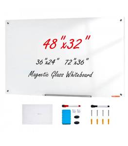 lot 19550 image: VEVOR Magnetic Glass Whiteboard, Dry Erase Board 48x32, Wall-Mounted Large White Glassboard Frameless, with Marker Tray, an Eraser and 2 Markers, White - Retail $86