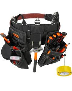 lot 19556 image: VEVOR Tool Belt, 32 Pockets, Adjusts from 32 Inches to 54 Inches, Nylon Heavy Duty Tool Pouch Bag, Detachable Tool Bag for Electrician, Carpenter, Handyman, Woodworker, Construction, Framer, Black - Retail $0