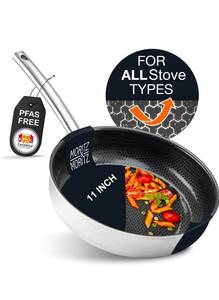 lot 19573 image: Moritz & Moritz Stainless Steel Pan Honeycomb Structure 11 inches with Ceramic Coating Suitable for All Cooktops Non-Stick Pan with Straight Edge for Cooking, Roasting, and Braising - Retail $0