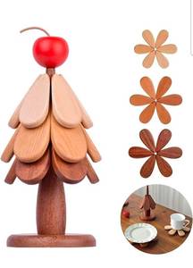lot 19585 image: Wooden Tree Coasters, Folding Tree Shape Trivets with 3 Wooden Trivet and 1 Stand Table Insulation Mat Set for HotsPansBowlTeapotHot Holders (Star),Apples - Retail $38