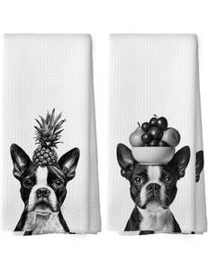 lot 19632 image: Funny Boston Terrier Dog Kitchen Towels Set of 2, Funny Dog Kitchen Decor, Dogs Gifts for Women Men Hand Towel, Black and White Pet Owner Gift Decorative Tea Towels Dish Towel 16x24 Inch - Retail $22