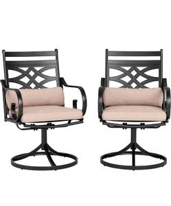 lot 19644 image: PHI VILLA Swivel Patio Dining Chairs, Set of 2, 360° Swivel, Wrought IronSteel, Beige, 20 inD x 20 inW x 37 inH, E-Coated, All-Weather - Retail $297