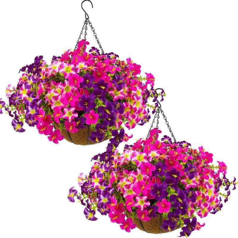 lot 47072 image: 2 Set Artificial Outdoor Petunias Flowers with Hanging Baskets, 24 Pcs UV Resistant Faux Petunias Flowers with Hanging Planter for Front Door Porch Spring Outside Decor (2, RoseRed,RedViolet) - Retail $45