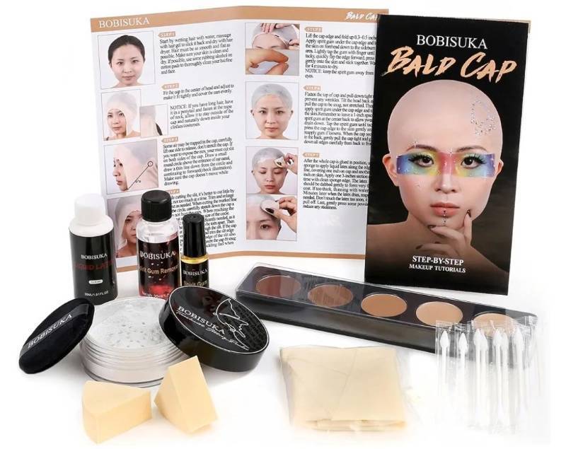 lot 64073 image: Bald Cap Halloween Makeup Kit for Men & Woman, Complete Bald Cap Costume Character Set, Realistic Bald Cap Kits for Cosplay Make Up, SFX Makeup, Dress-Up Party, Stage, Theater & Film - Retail $24