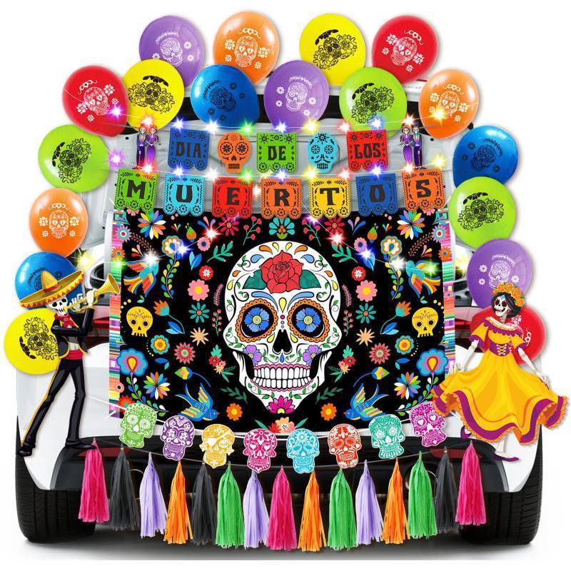 lot 64102 image: Halloween Trunk or Treat Car Decorations Kit for SUV -Dia de los Muertos Car Decor with Backdrop,Skull Cutouts,Balloons,Banner,for Day of The Dead Party Decorations - Retail $23