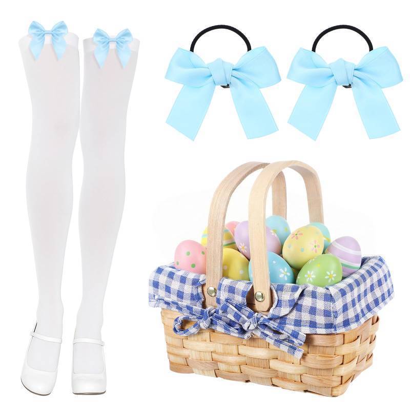 lot 64119 image: 4 Pcs Women Easter Costumes Outfits Satin Bow Thigh Highs Woodchip Picnic Baskets Bow Hair Band(Blue) - Retail $20