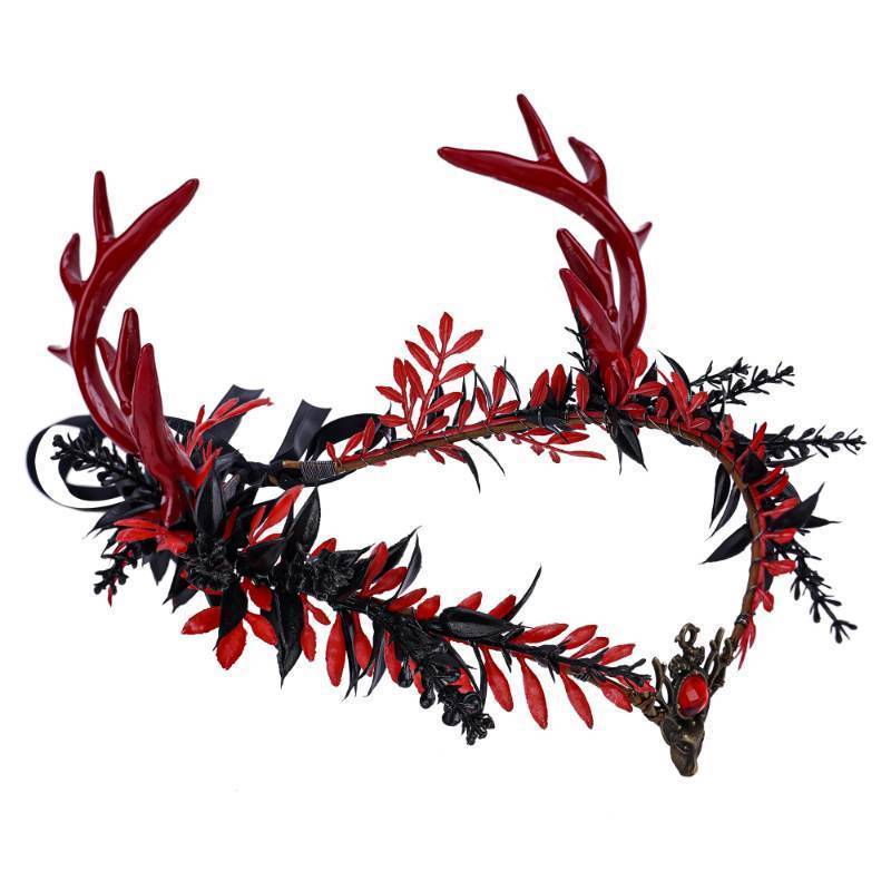 lot 64135 image: Gothic Elf Antler Crown - Black Deer Horns Headband Red Fairy Heapiece Dark Elven Circlet for Renaissance Fair Costume Women Goth Wedding Halloween Cosplay - Retail $24