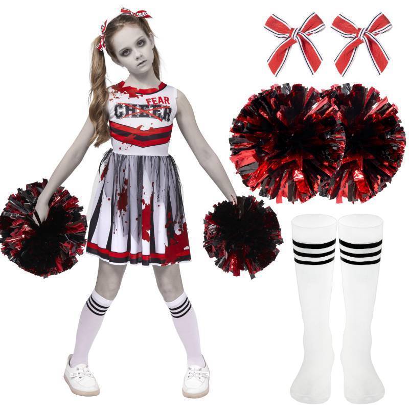 lot 64224 image: Spooktacular Creations Halloween Cheerleader Costume for Girls, Kids Zombie Cheerleader Outfit, Dead Fearleader Dress for Halloween Scary Costume Role Play Parties, Red White, M(no socks) - Retail $24