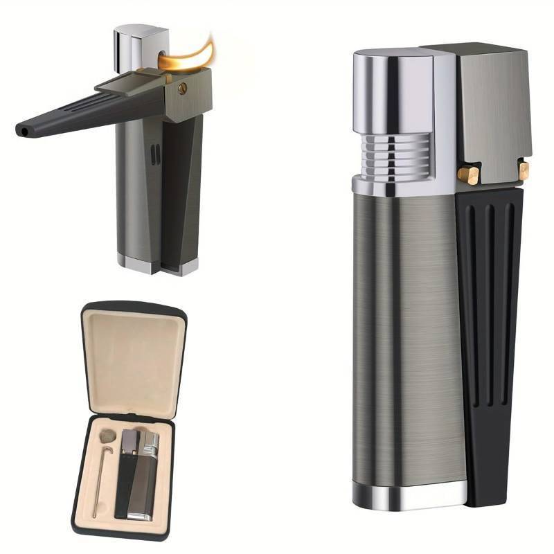 lot 64304 image: Foldable Metal Lighter 2-in-1 Retro Portable Lighters with Leather Gift Box, Refillable Butane Gas Soft Flame Lighter Set, Unique Gifts for Men and Women (Without Gas), INSIDE OF CASE HAS CRACKS. - Retail $15