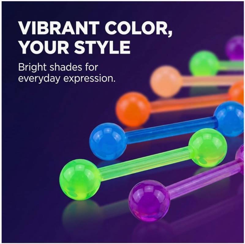 lot 64328 image: Colorful Silicone Tongue and Nipple Piercing Set, Barbell Ring Body Jewelry for Nipple Tongue Nose Septum Eyebrow Belly Earrings - Retail $6
