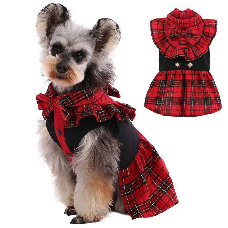 lot 64295 image: Dog Classic Red Plaid Dress for Small Medium Dogs, Puppy Bowknot Tutu Dress with D-Ring Buckle, Cute Pet Vest Dog Princess Skirt for Wedding Holiday Party Photography - Medium - Retail $15