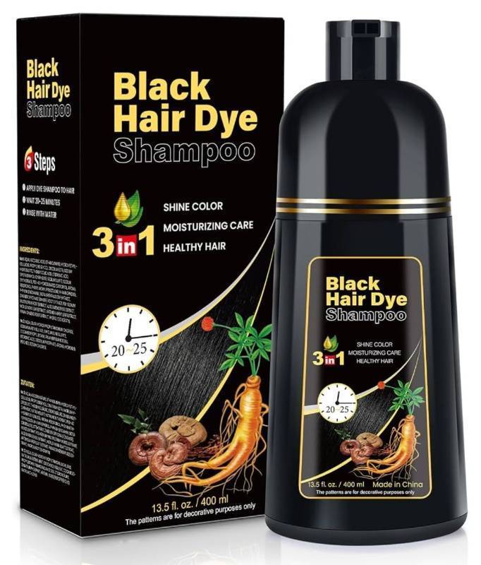 lot 64288 image: Natural Black Hair Dye Shampoo 3 in 1 Champu Para Canas for Gray Hair Coverage, Natural and Herbal Color Shampoo - Retail $20